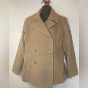 Anne Klein~Tan~Double Breasted Pea Coat~(2) Pockets~Fully Lined~Size L